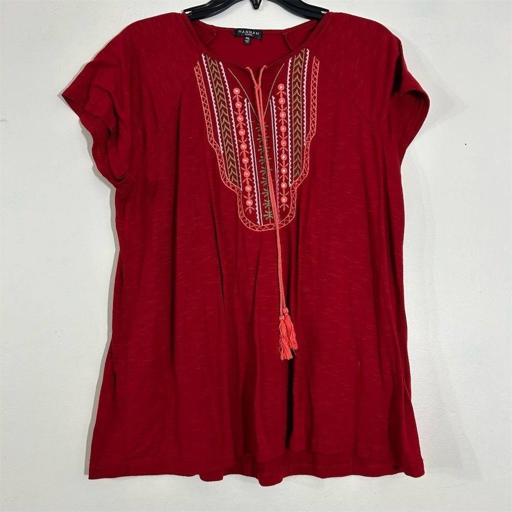 Hannah Petites Top Women PXL Red Embroidered Tassel Boho Short Sleeve Raglan